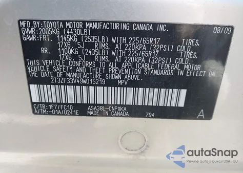 2009 Toyota Rav4 z USA, uszkodzony, nr VIN 2T3ZF33V49W015219